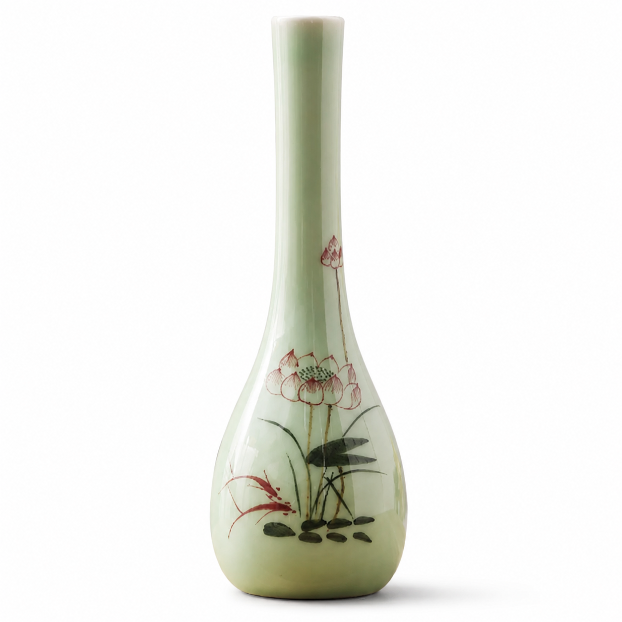 Style B celadon green slim ceramic bud vase with lotus and fish motif on a white background