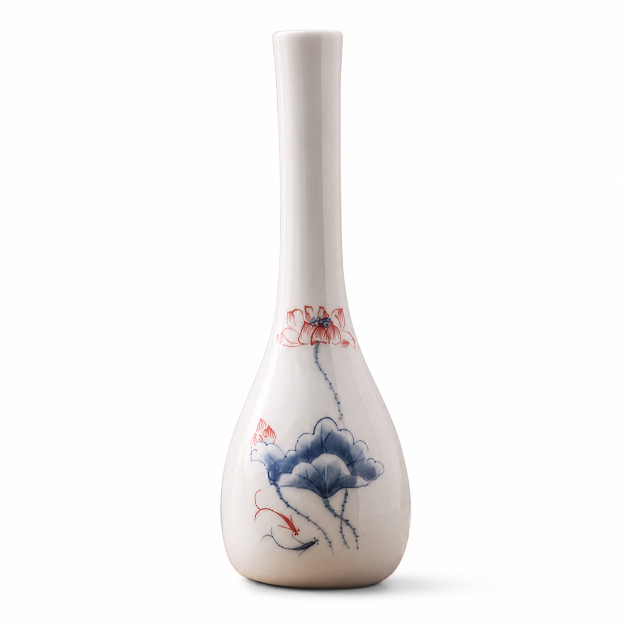 Style B white slim ceramic bud vase with blue and red lotus motif on a white background