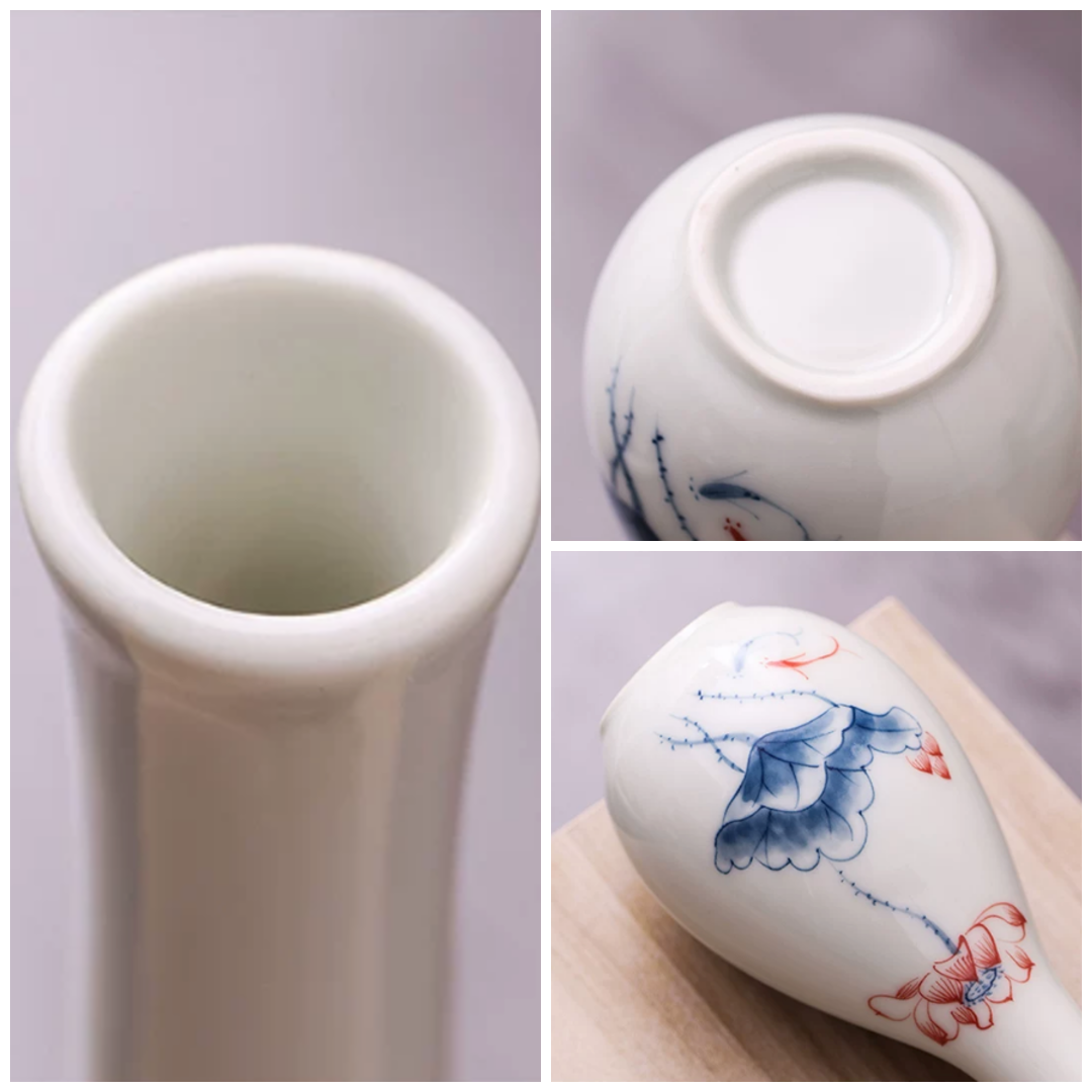 Close-up detail collage of the ceramic bud vase showing the narrow opening, base, and painted floral artwork
