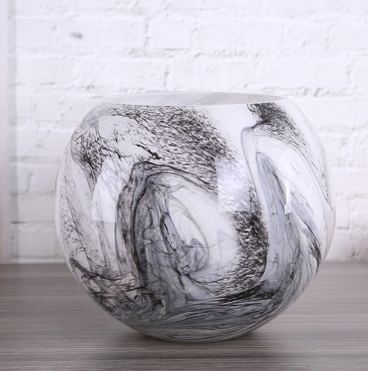 Large smoky black and white marble glass vase with swirling marble pattern