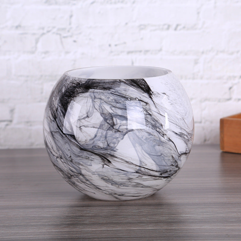 Medium smoky black and white marble glass vase with rounded open top