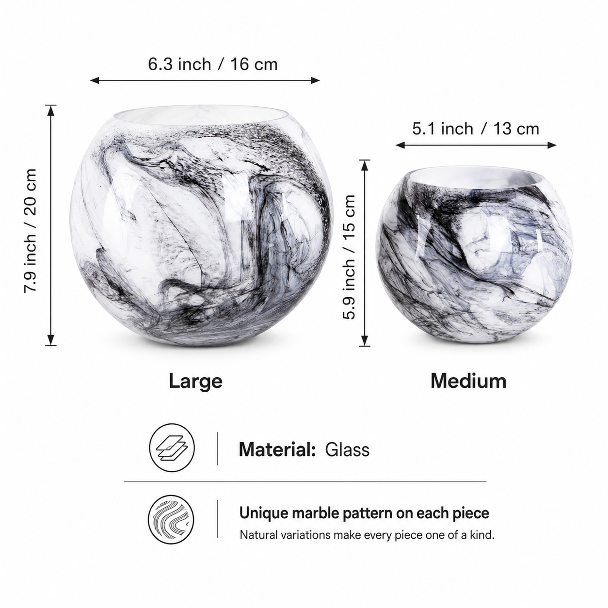 Size guide for smoky black and white marble glass vases in large and medium