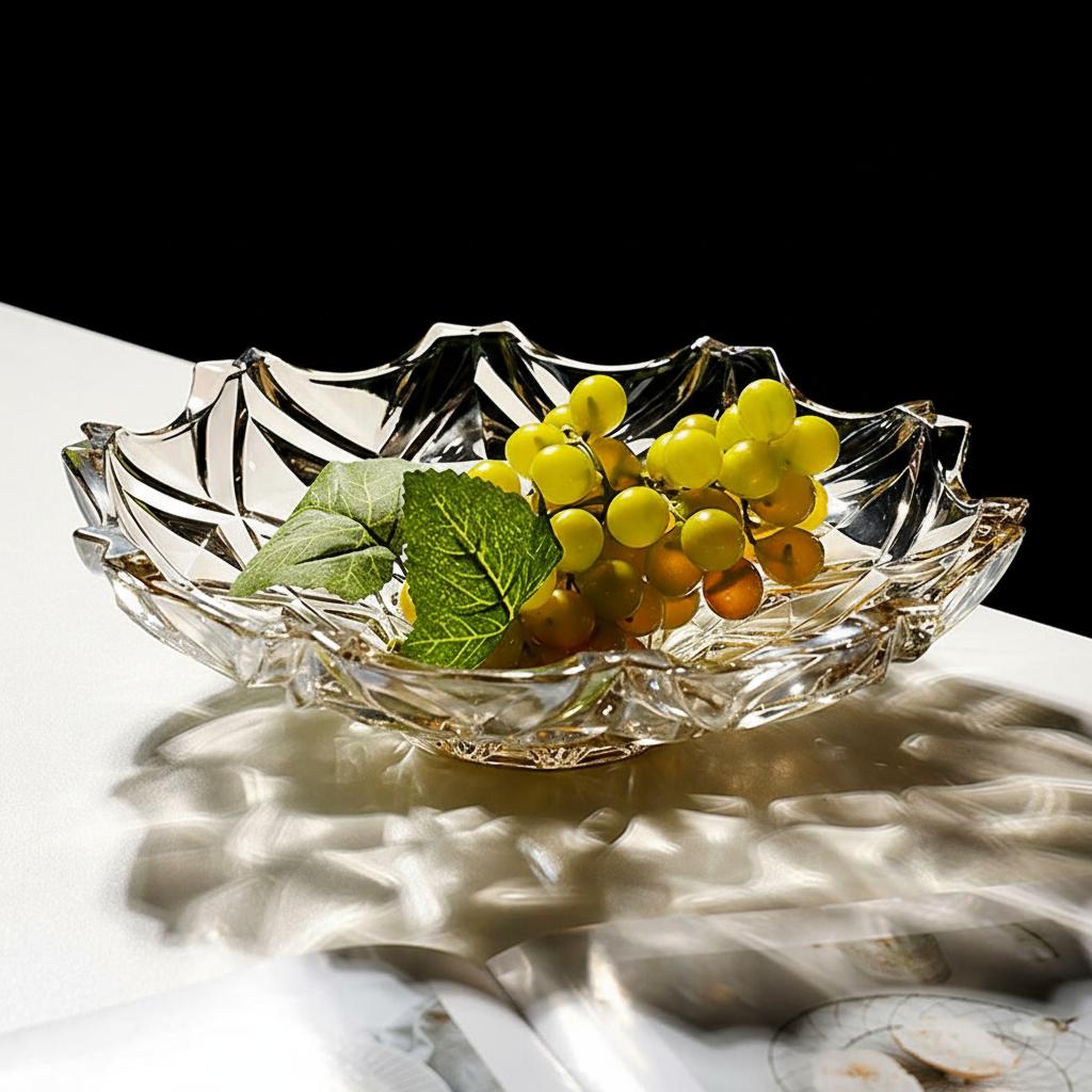 Smoky glass centerpiece bowl with green grapes on bright marble surface