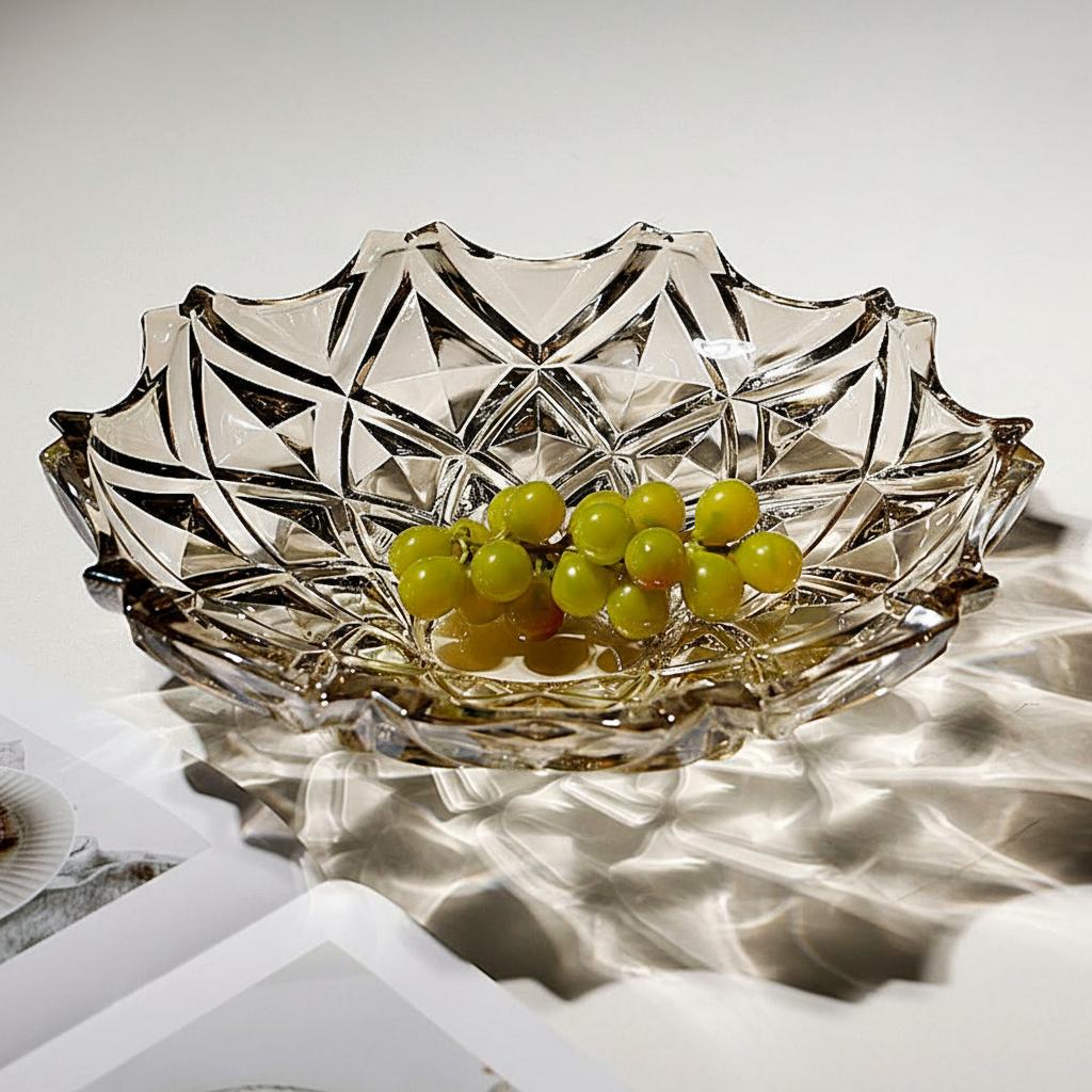 Smoky geometric glass bowl with green grapes on marble tabletop