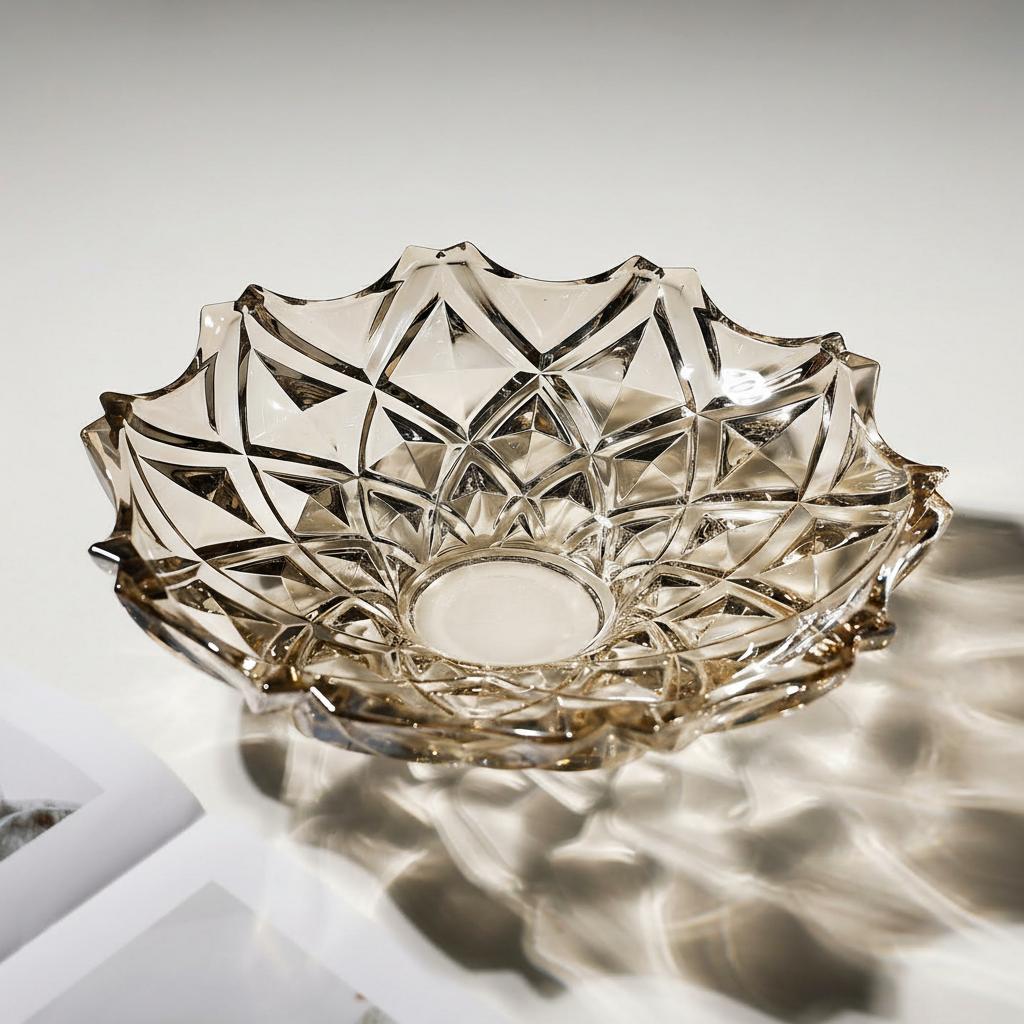 Top view of smoky geometric glass decorative bowl with sculptural faceted pattern