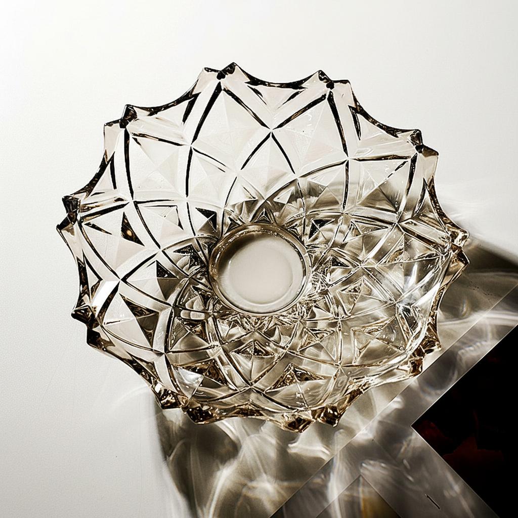 Underside view of smoky geometric glass bowl showing faceted star pattern