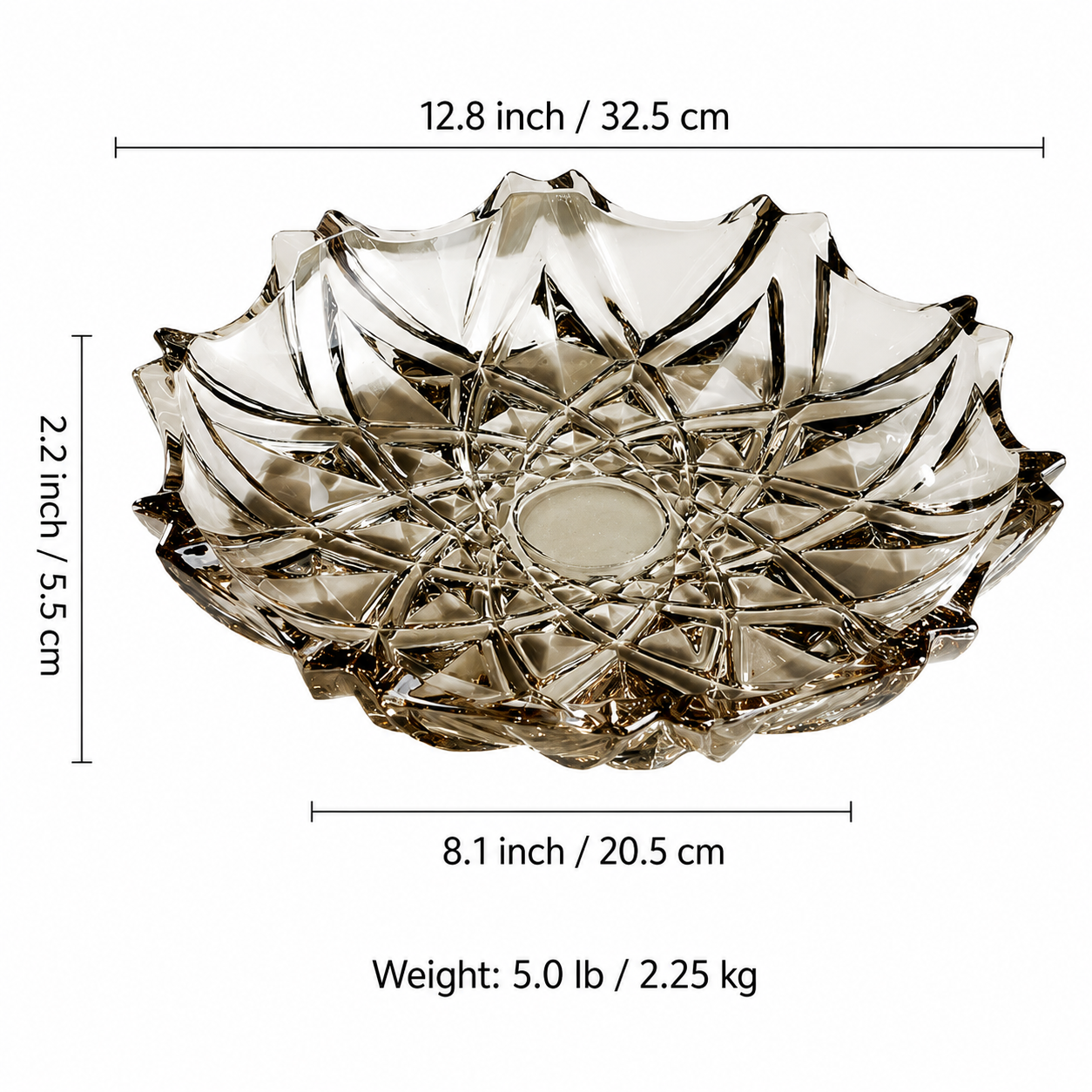 Measurement guide for smoky faceted glass centerpiece bowl