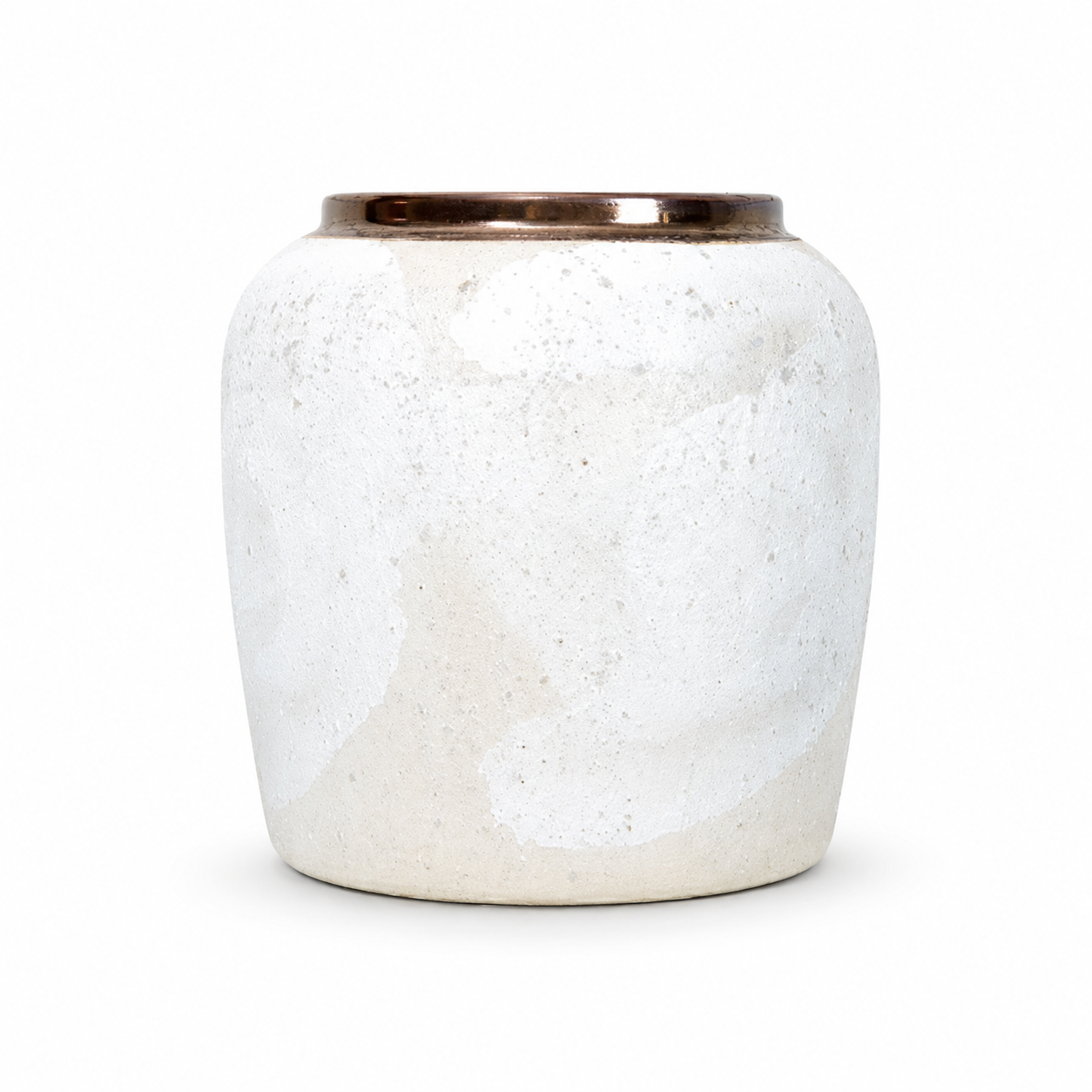 Small speckled white ceramic vase with bronze rim on white background
