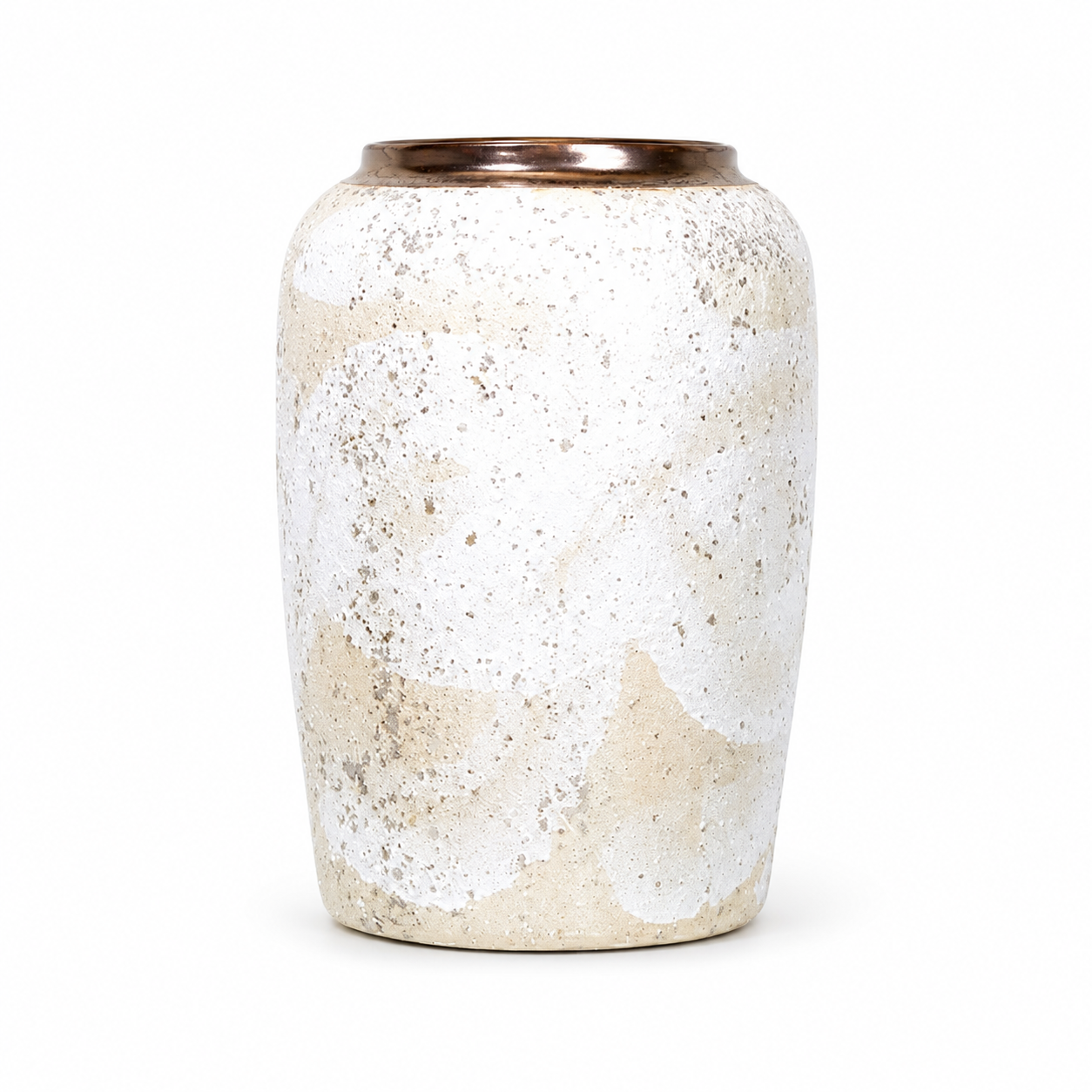 Medium speckled white ceramic vase with bronze rim on white background