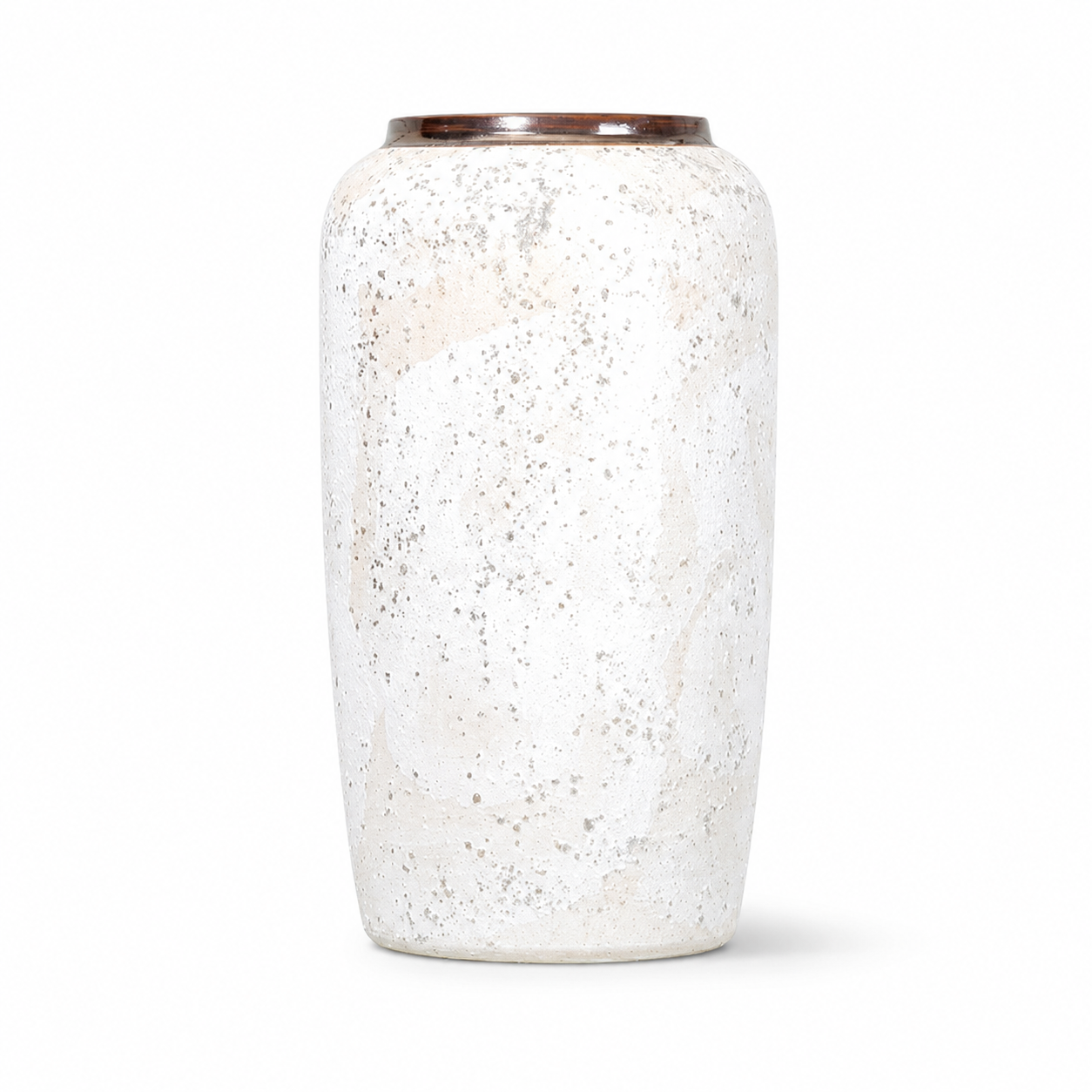 Large speckled white ceramic vase with bronze rim on white background
