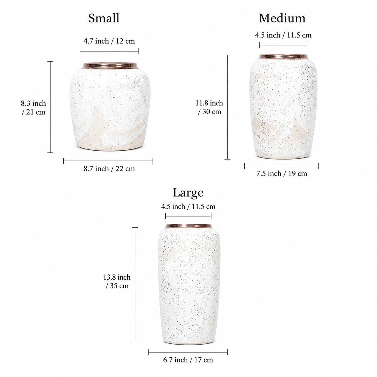 Speckled white ceramic vase size chart showing small medium and large measurements