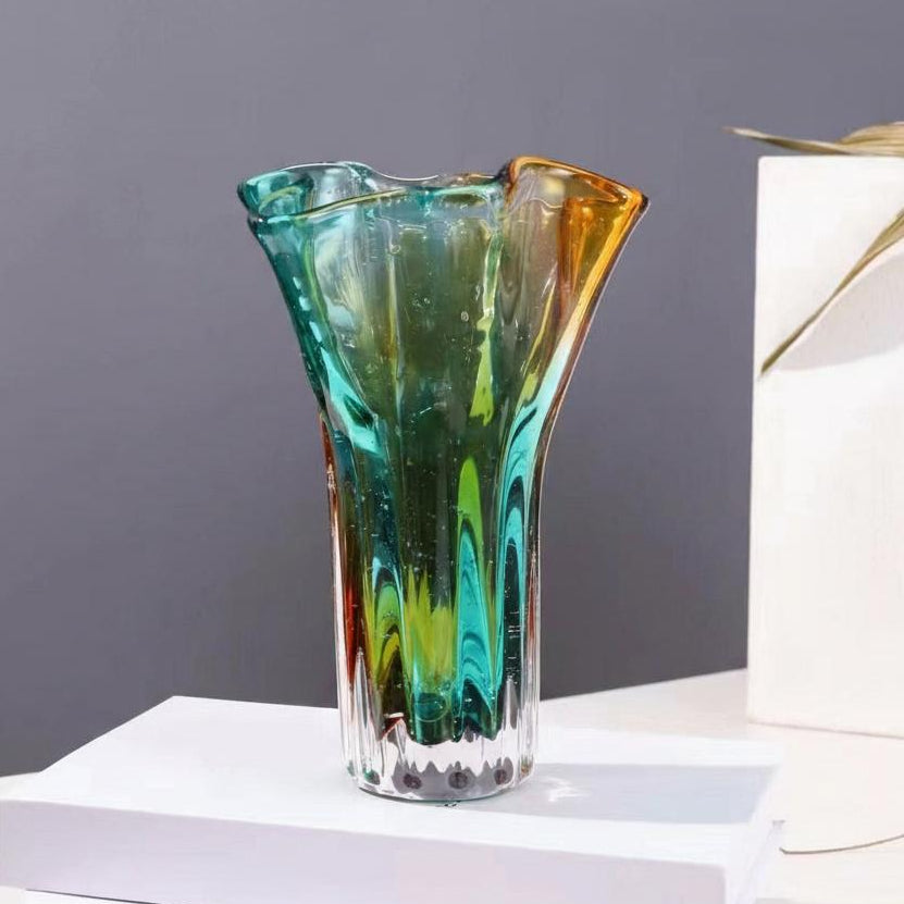 Tall gradient glass vase with wave rim