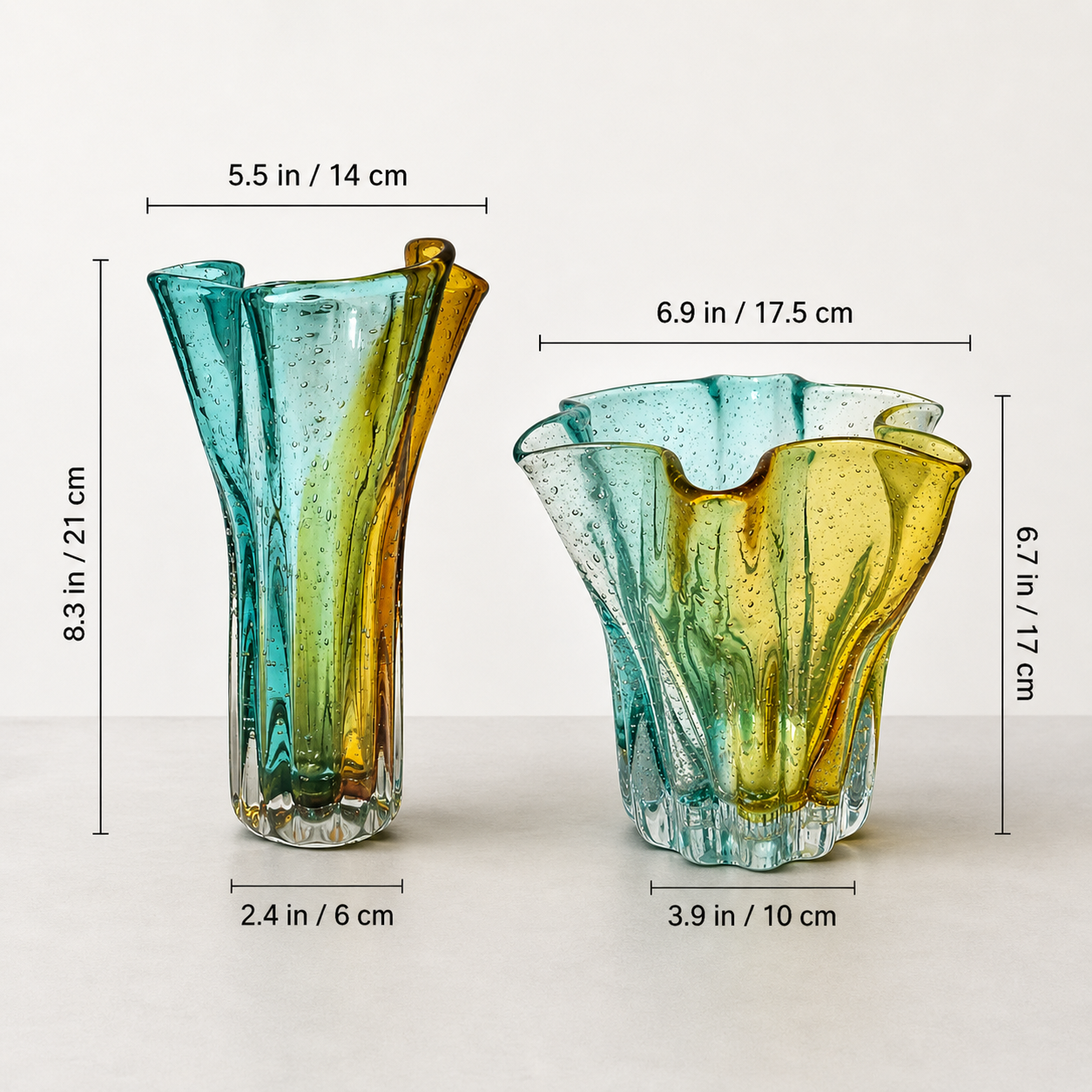 Teal Amber Gradient Art Glass Wave Rim Vase