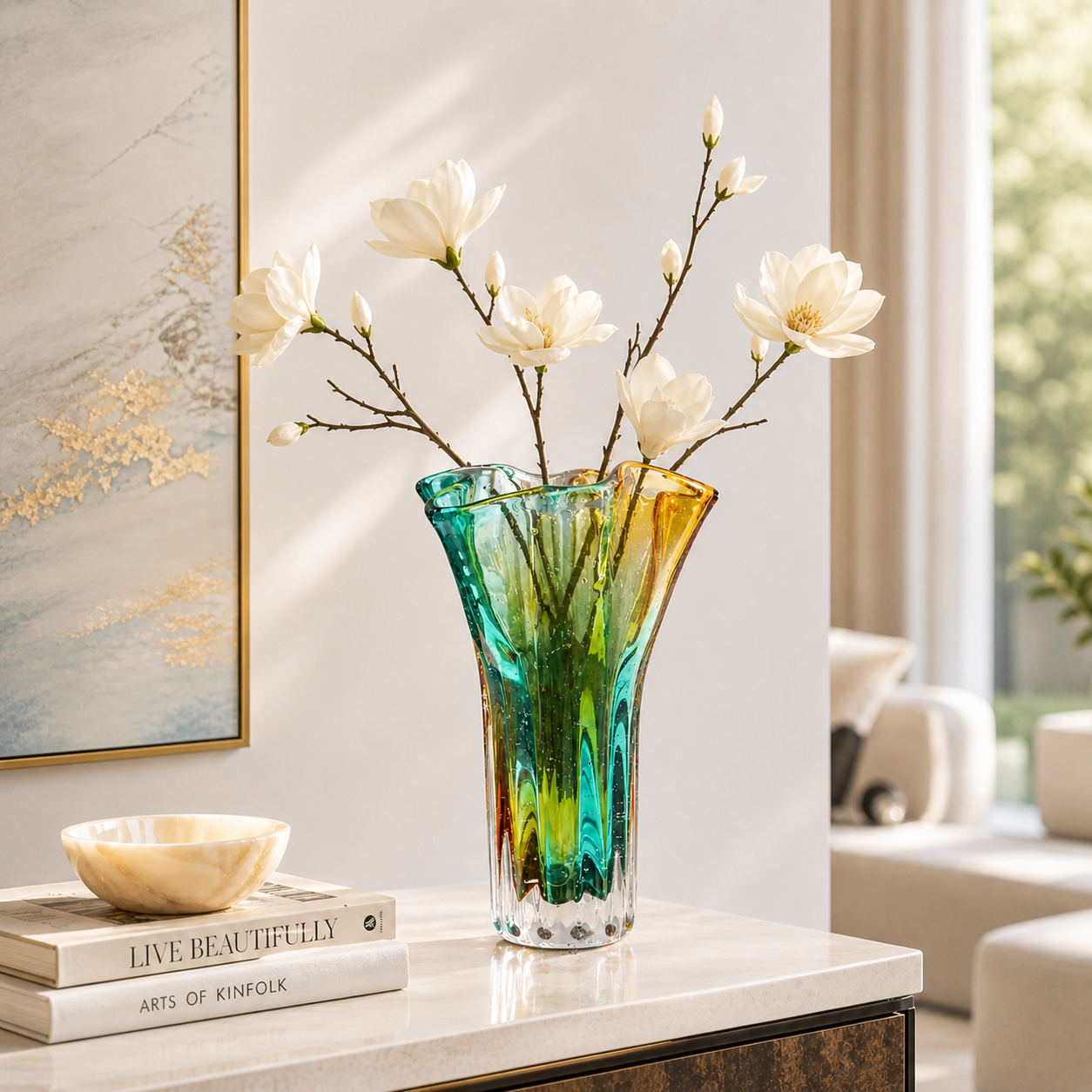 Teal Amber Gradient Art Glass Wave Rim Vase