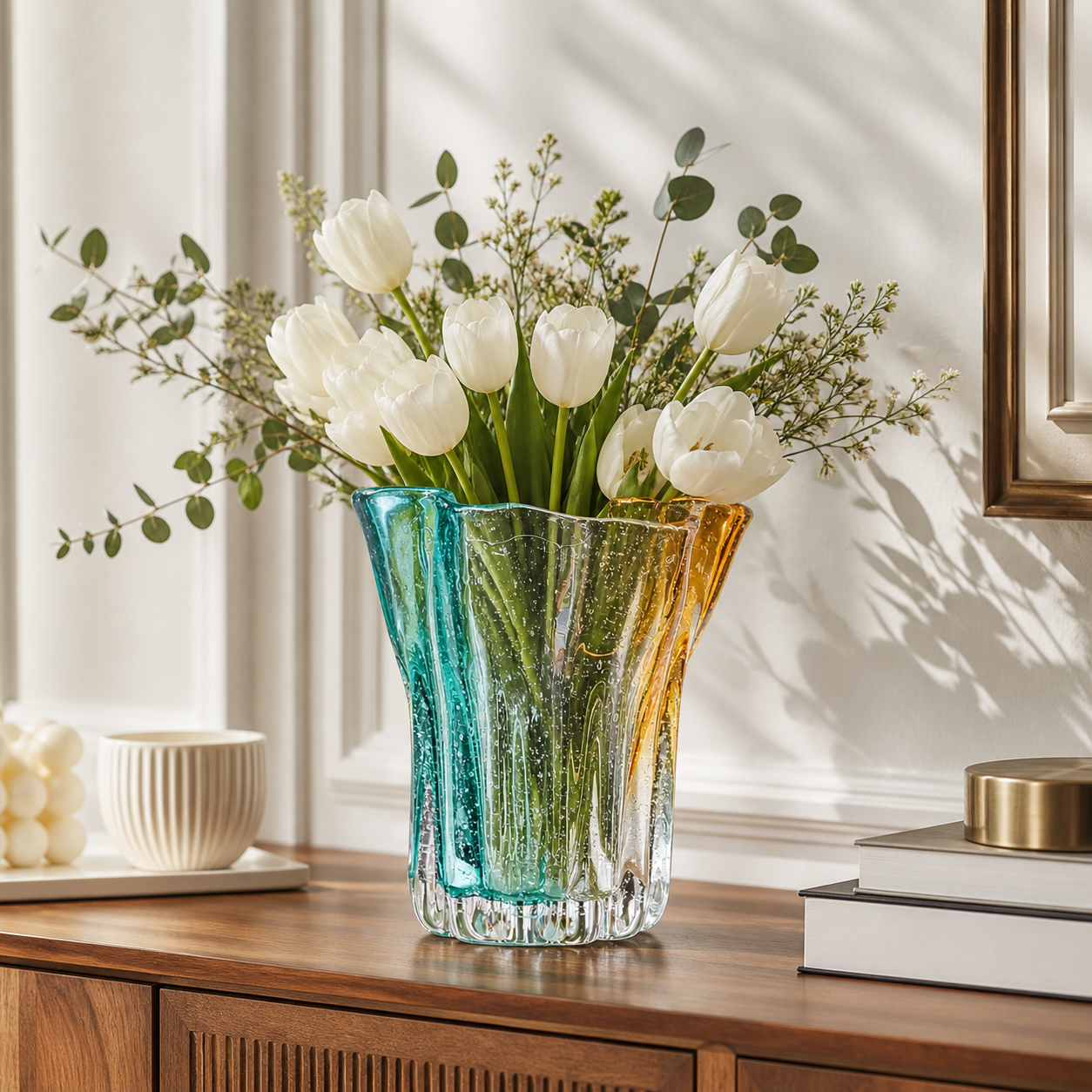 Teal Amber Gradient Art Glass Wave Rim Vase