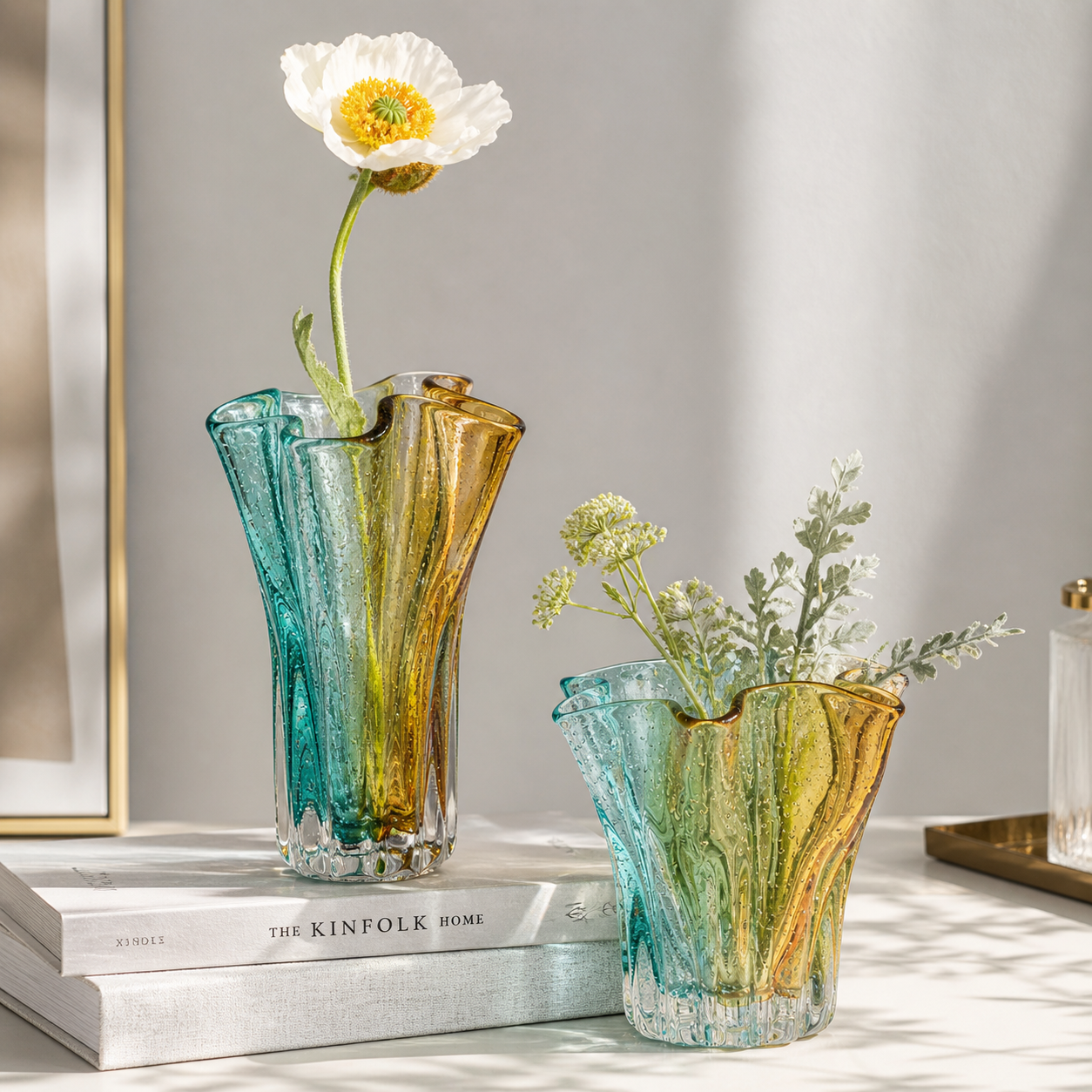 Teal Amber Gradient Art Glass Wave Rim Vase