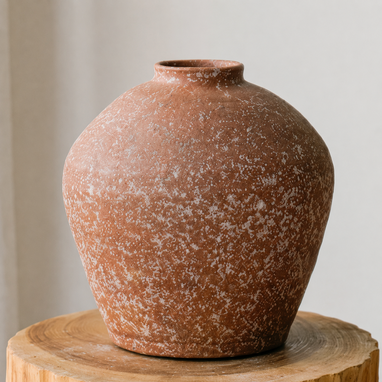 Pear shaped terracotta ceramic vase with speckled finish on wooden pedestal