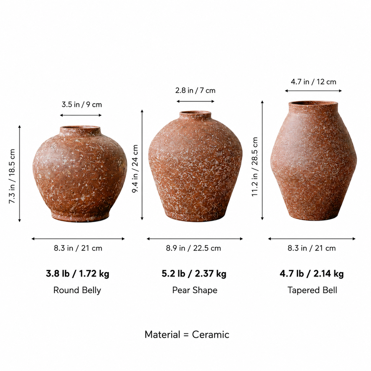 Terracotta ceramic vase size chart showing measurements weight and material
