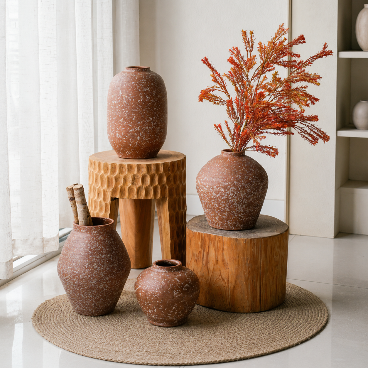 Terracotta ceramic vases displayed with orange foliage on wooden stools