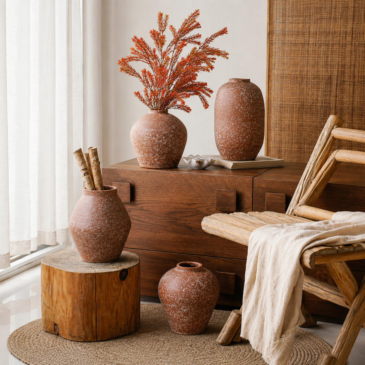 Terracotta ceramic vases styled with dried flowers and rustic home decor
