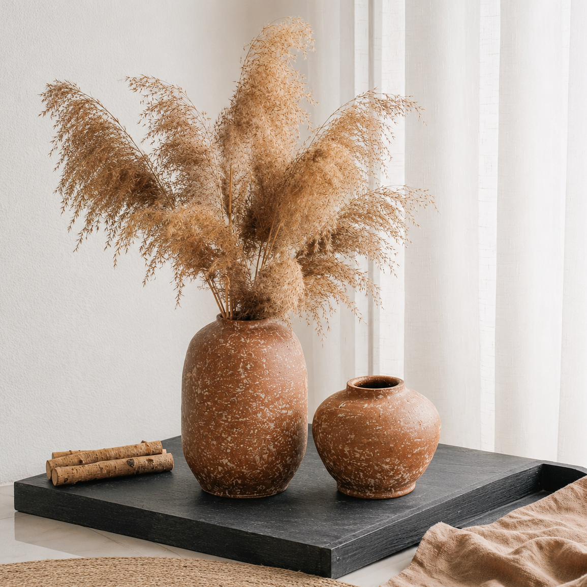 Terracotta ceramic vase with pampas grass on black tray in warm neutral interior
