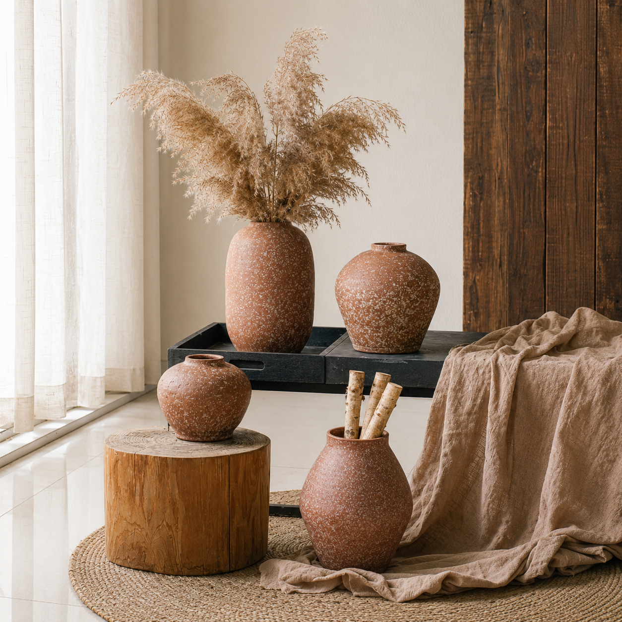 Terracotta ceramic vase collection styled with pampas grass and rustic wooden accents