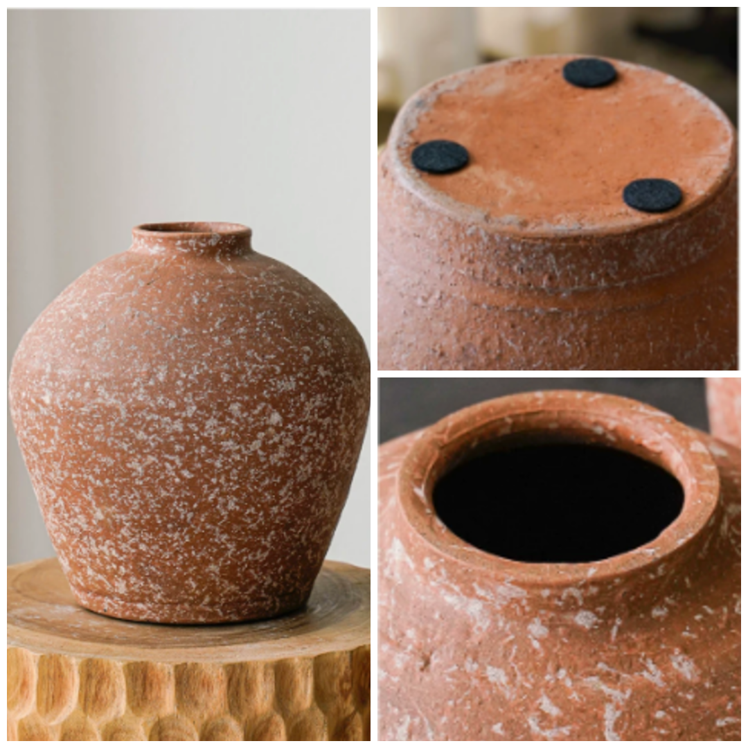 collage showing the terracotta ceramic vase body, base and rim