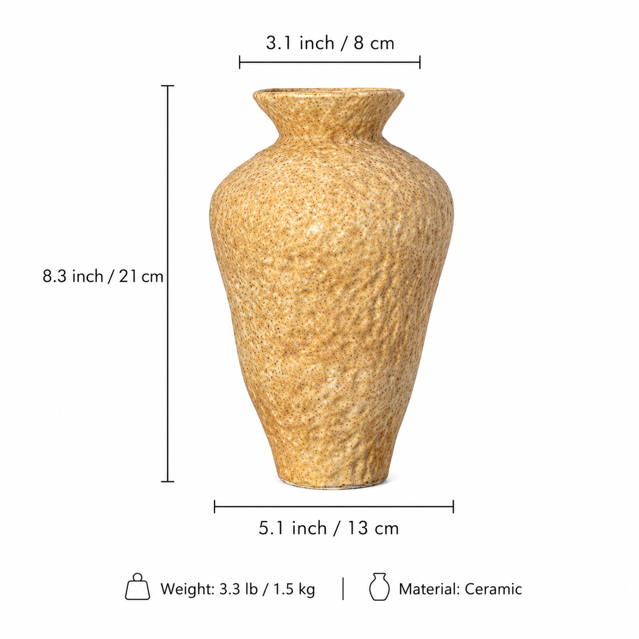 Textured beige ceramic vase measurement chart with dimensions weight and material