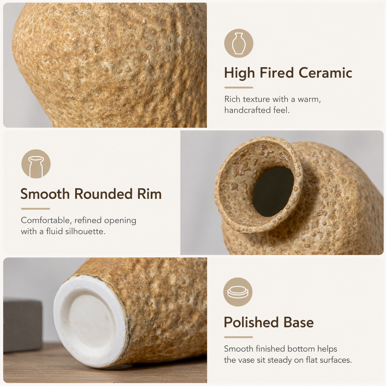 Beige ceramic vase feature infographic showing textured finish rounded rim and polished base
