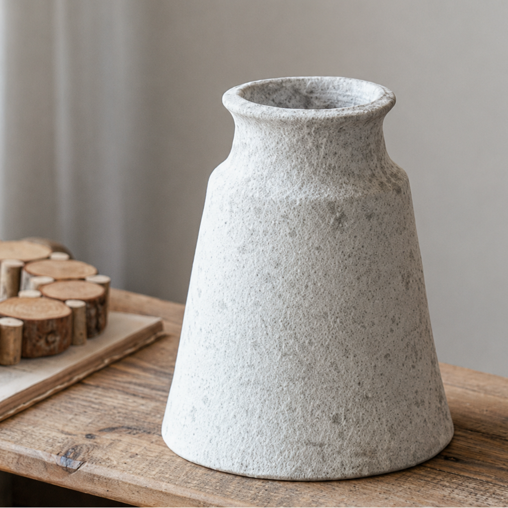 Tapered textured ceramic vase on wooden table with rustic neutral background