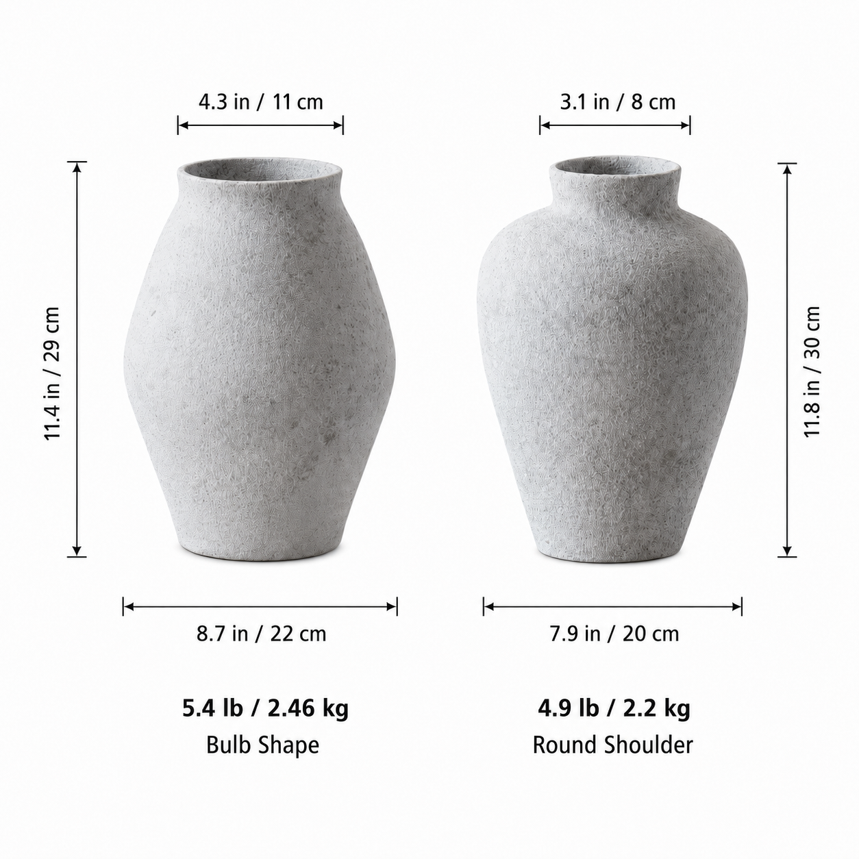 Textured ceramic vase size chart showing height width weight and shape details