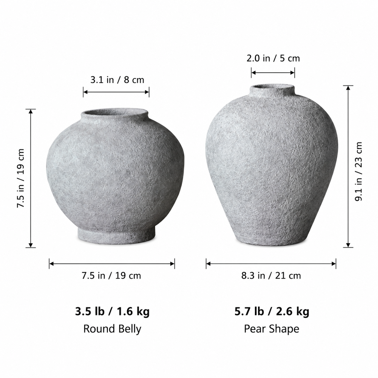 Textured ceramic vase measurement chart for round belly and pear shape styles