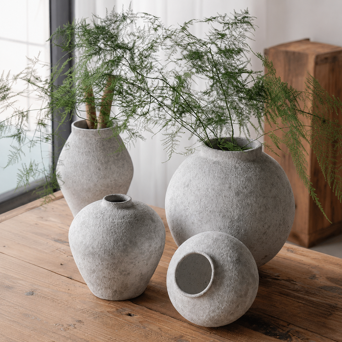 Textured ceramic vase collection with stone finish styled on wooden table with greenery