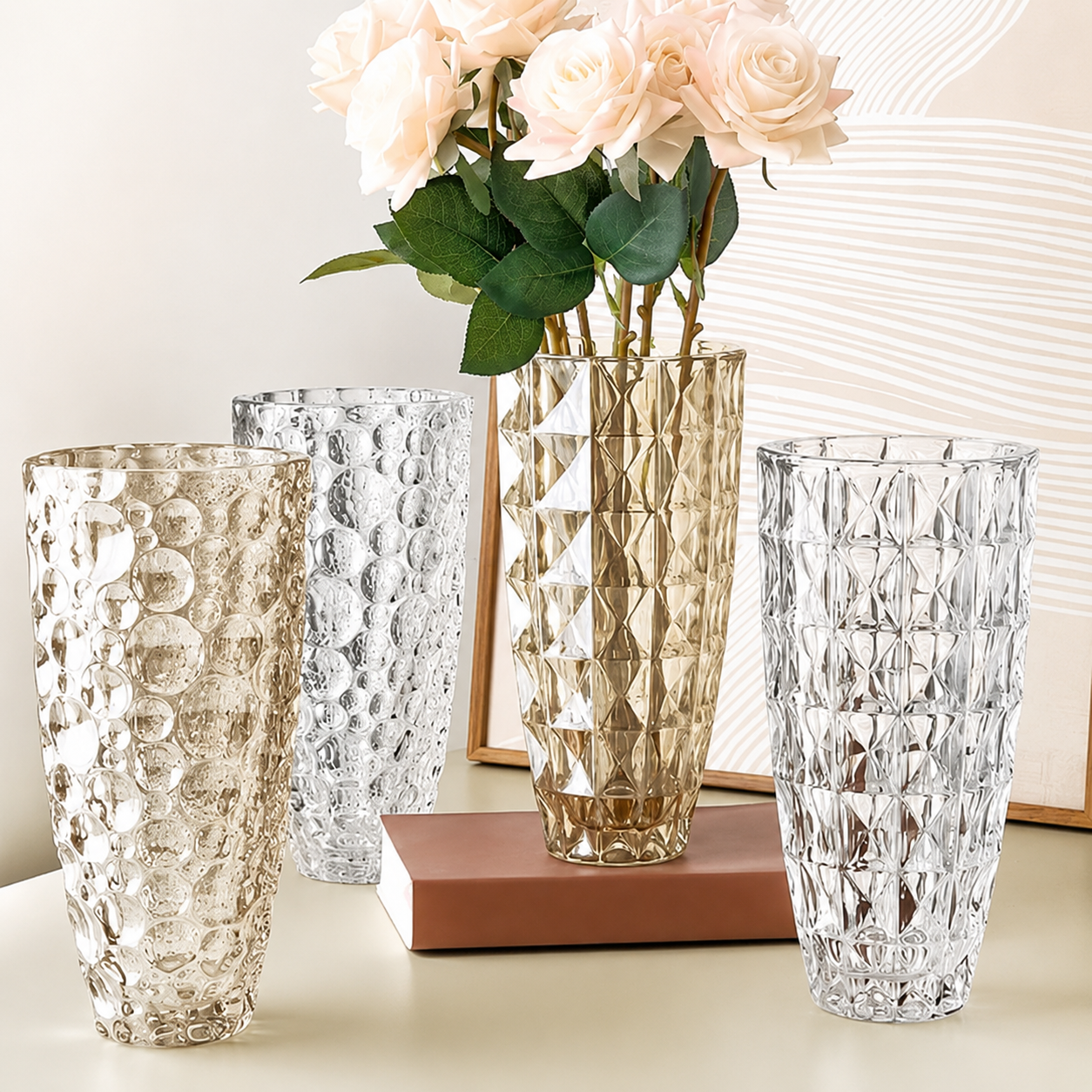 Clear and amber textured glass vases displayed with pale pink roses