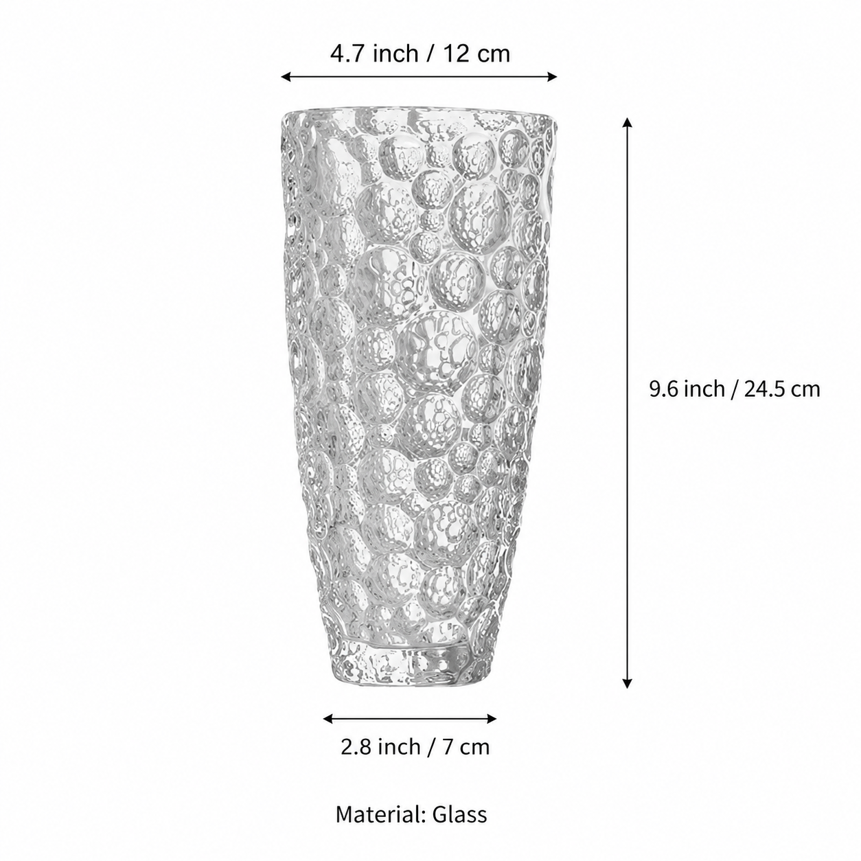Measurement guide for a tall clear bubble textured glass flower vase