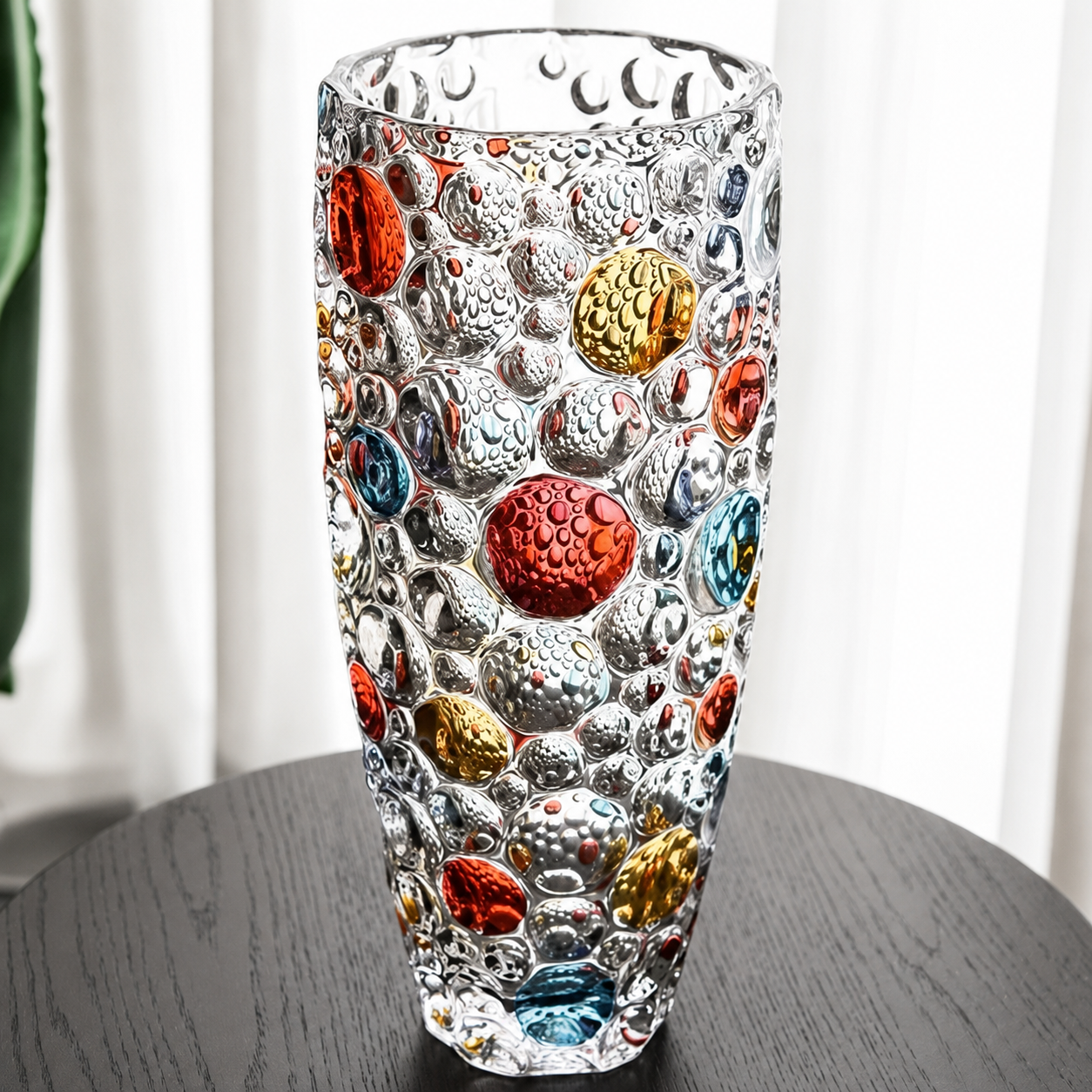 Clear bubble glass vase with colorful red blue and gold decorative accents