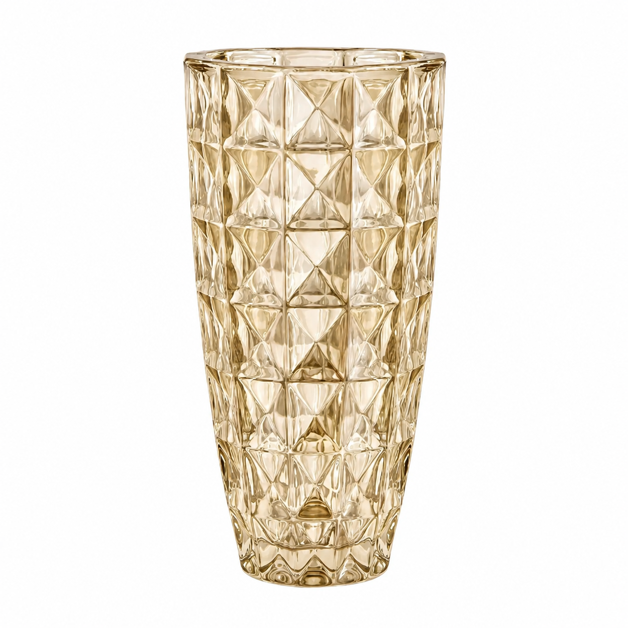 Amber diamond textured glass decorative vase on a white background