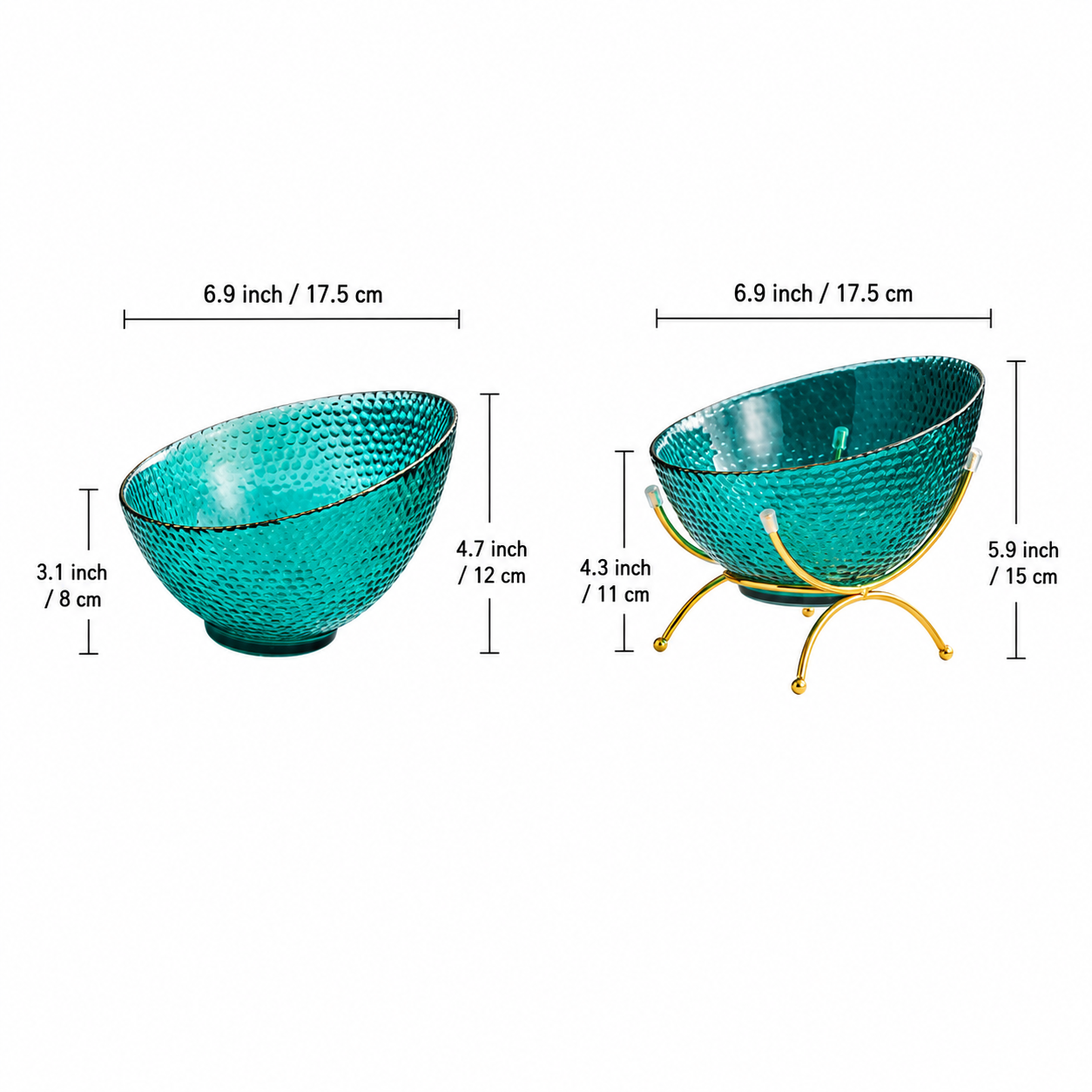 Textured glass fruit bowl size guide with bowl only and gold stand options