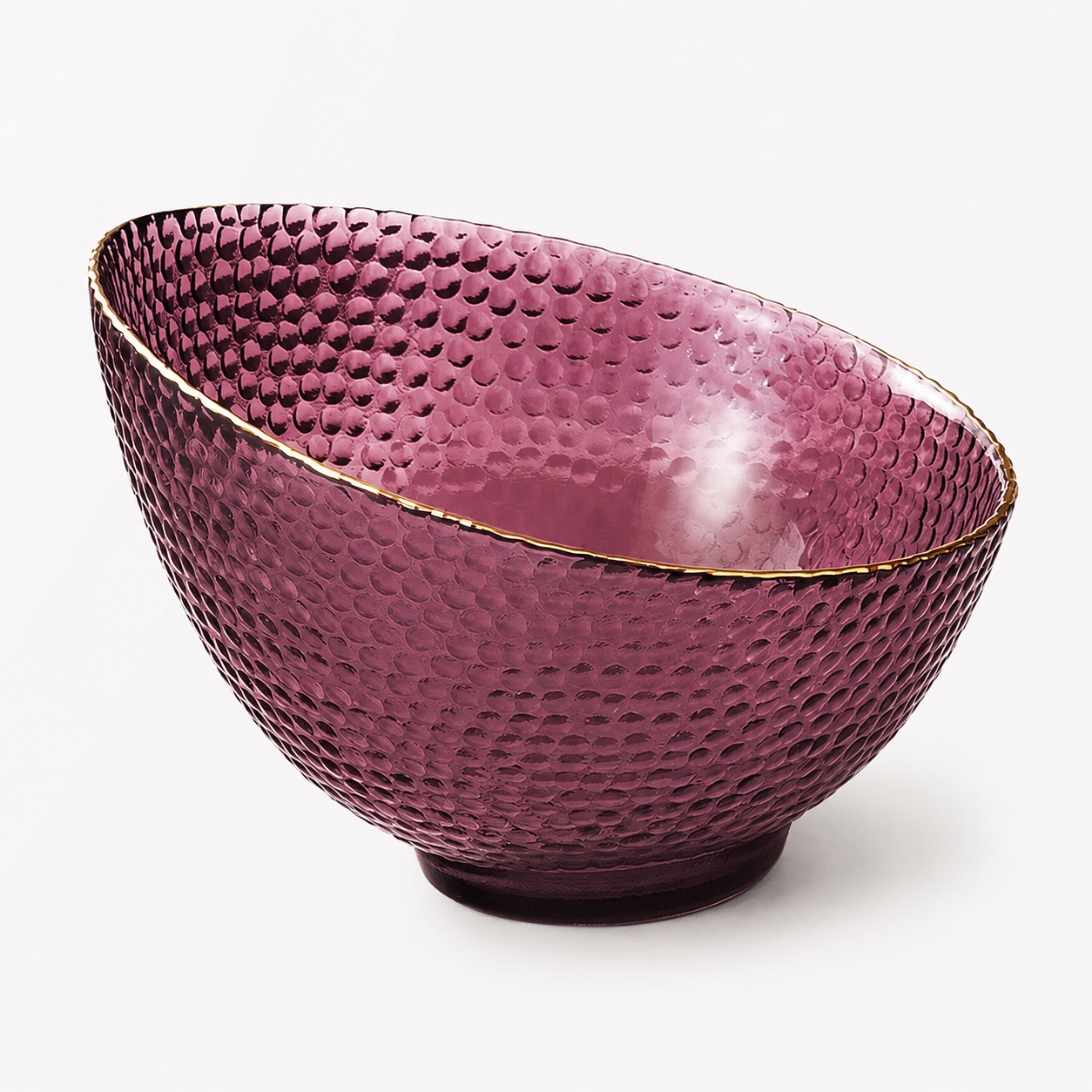 Maroon textured glass fruit bowl with gold rim without stand