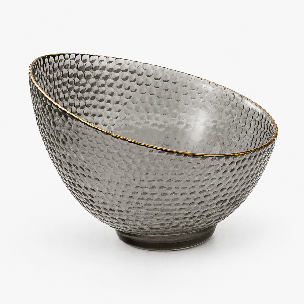 Smoke gray textured glass fruit bowl with gold rim without stand