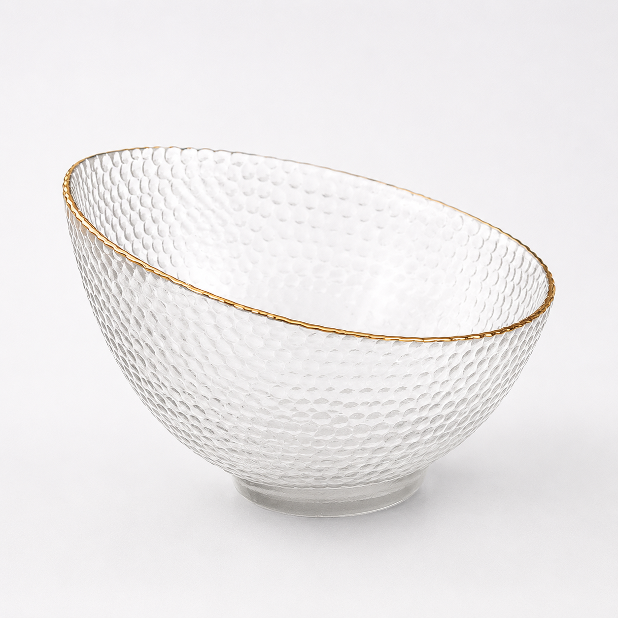 Clear textured glass fruit bowl with gold rim without stand