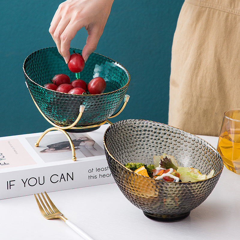 Teal and smoke gray textured glass bowls used for fruit and salad serving