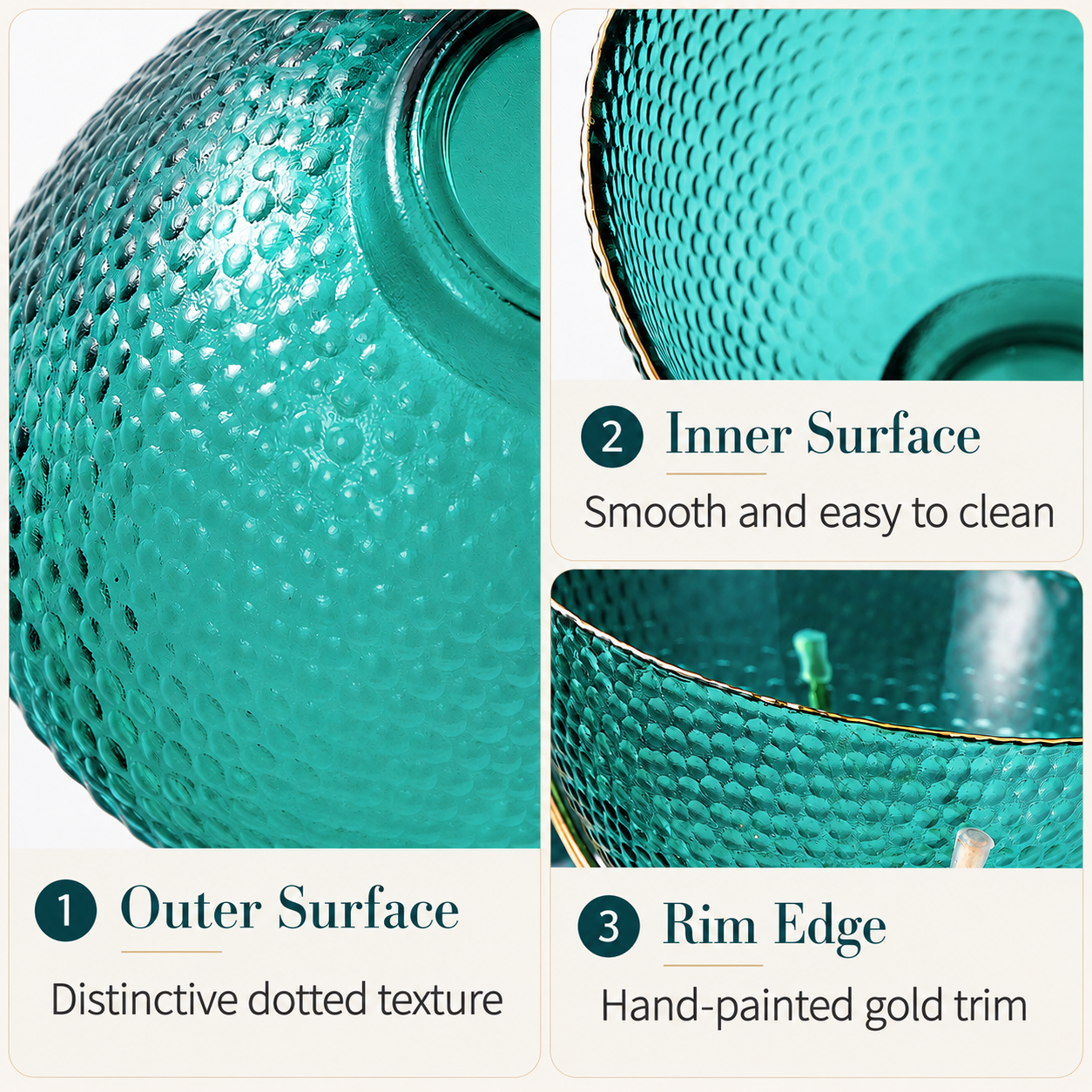Textured glass bowl detail image showing dotted surface smooth interior and gold rim