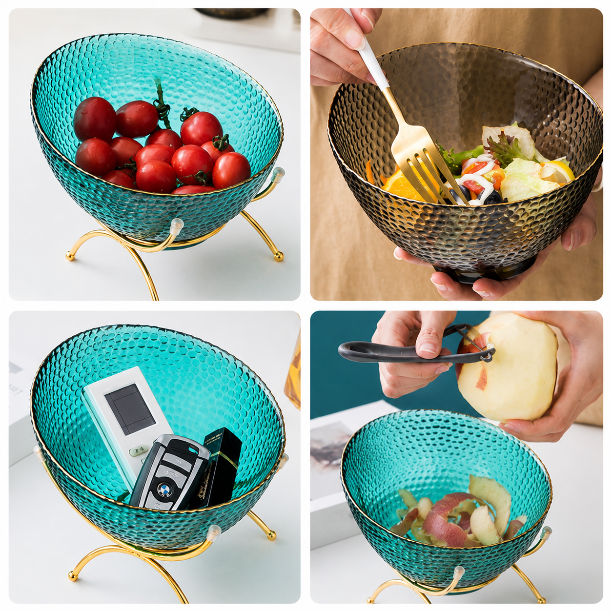 Textured glass fruit bowl usage collage for fruit salad keys and food prep