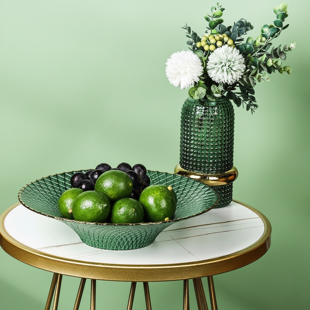 Green round textured glass centerpiece bowl with fruit on decorative side table