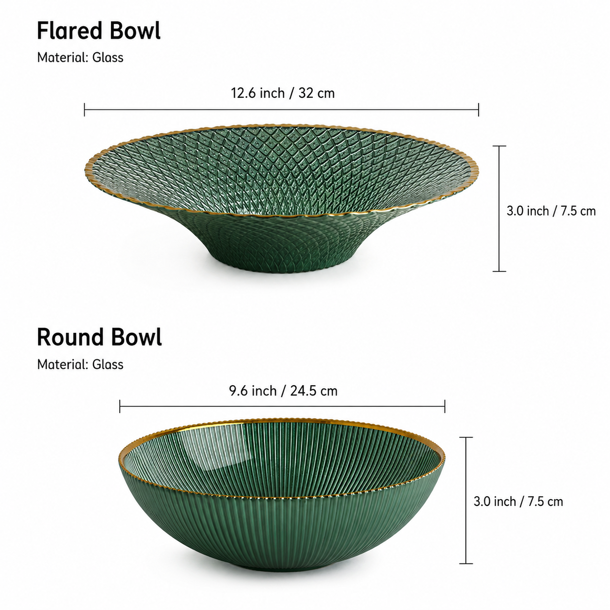 Measurement guide for flared and round textured glass gold rim centerpiece bowls