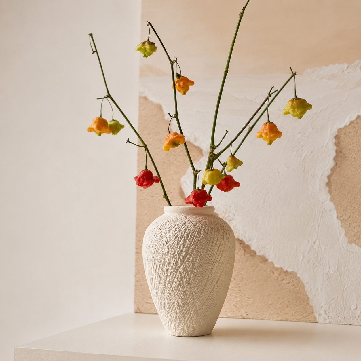Tall ivory ceramic vase with colorful stems in a soft neutral interior