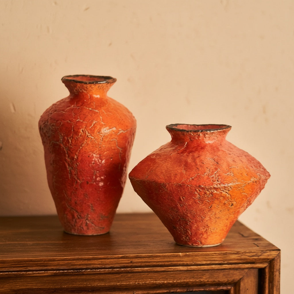 Tall and short textured orange ceramic vases displayed on wooden cabinet