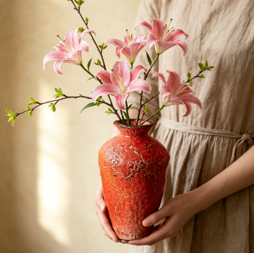 Tall textured orange ceramic vase with pink lilies held in warm natural light