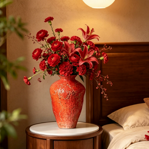 Tall orange ceramic vase with red floral arrangement on bedside table